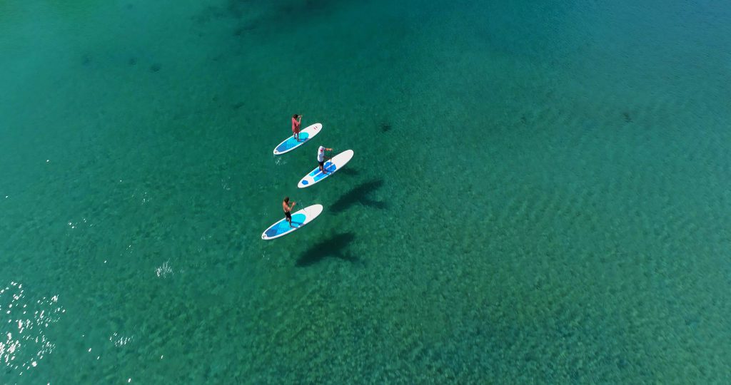 three people stand up paddleboarding
