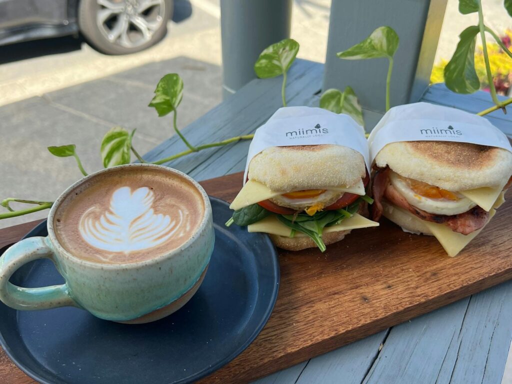 Coffee and two breakfast muffins at Miimis in Fingal Head