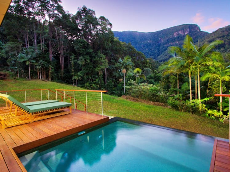 mountain view from luxury lodge at crystal creek rainforest retreat with heated plunge pool
