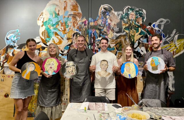 paint and sip teambuilding activity in record store